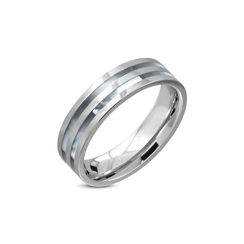 Stainless Steel Ring with Two Blue Mother of Pearl Inlay Rows - Click Image to Close